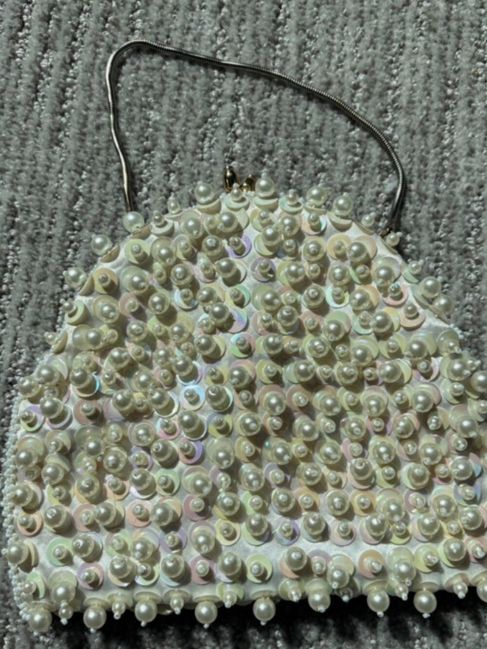 Vintage White Mini Beaded Bag Perfect For Bridal Events Pearlescent-Silver Strap
